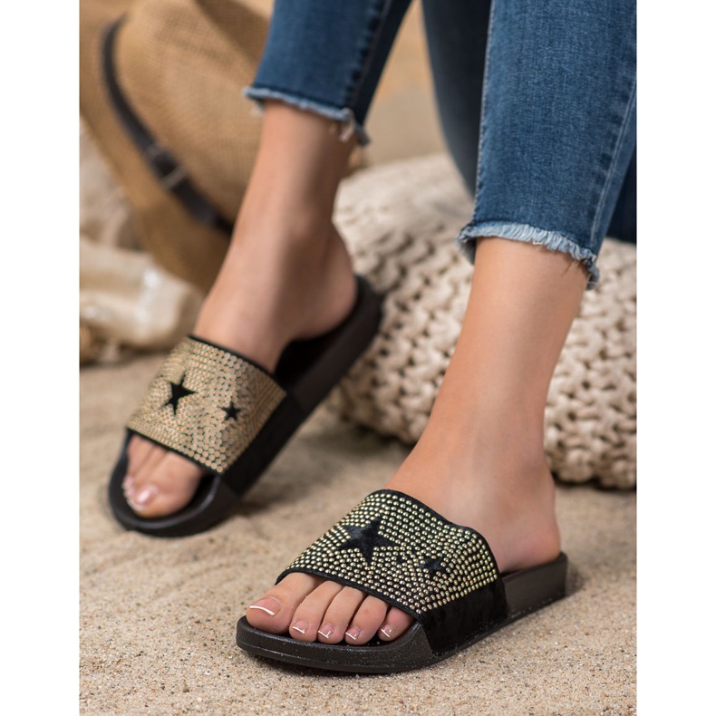 SHELOVET Velours-Hausschuhe mit Sternen schwarz 1