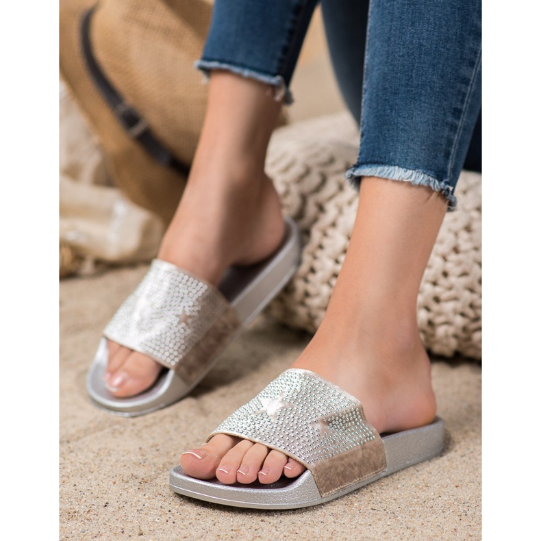 SHELOVET Velours-Hausschuhe mit Sternen grau 1