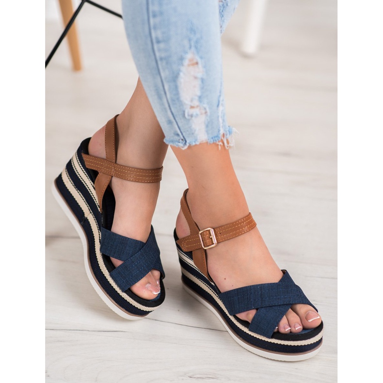 SHELOVET Modische marineblaue Wedges braun navy blau 1