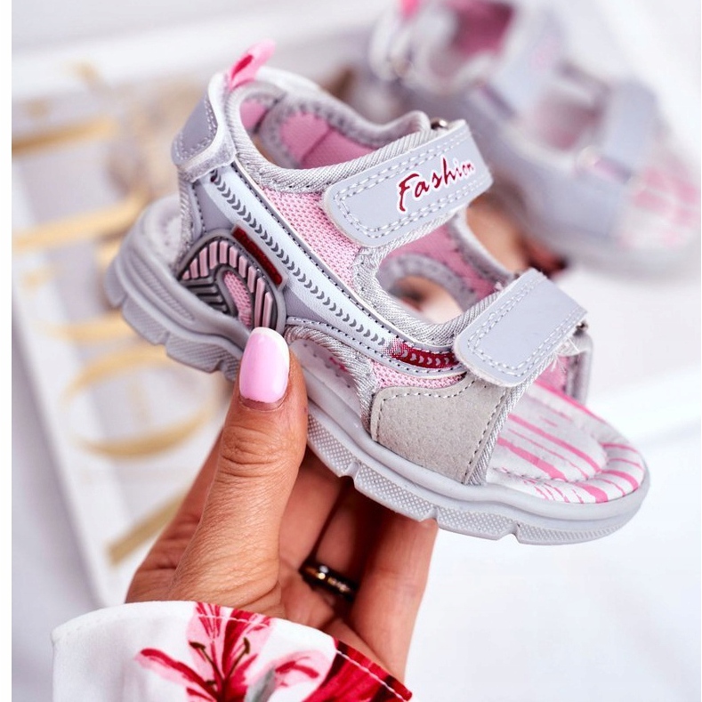 PL1 Kindersandalen mit Klettverschluss Grau Grobino rosa 1