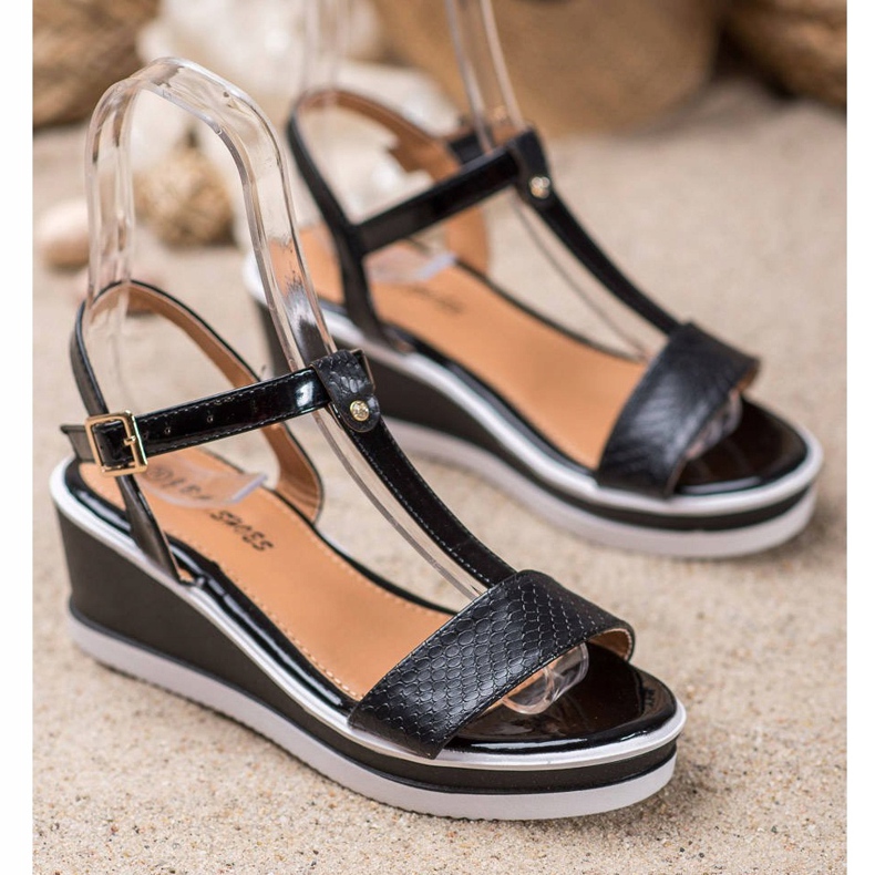 SHELOVET Schwarze Keile mit Öko-Leder 1