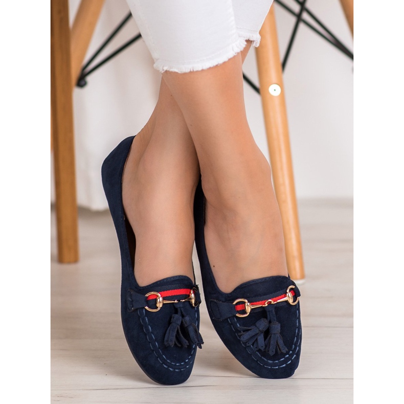 SHELOVET Marineblaue Loafer mit Fransen 1