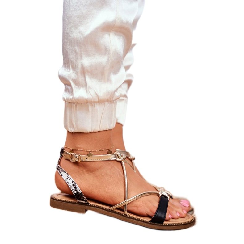 S.Barski Damen Sandalen Flach Schwarz und Gold Barski Samim gelb 2