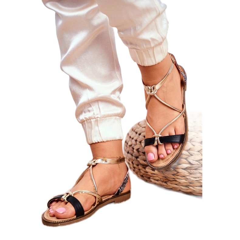 S.Barski Damen Sandalen Flach Schwarz und Gold Barski Samim gelb 3