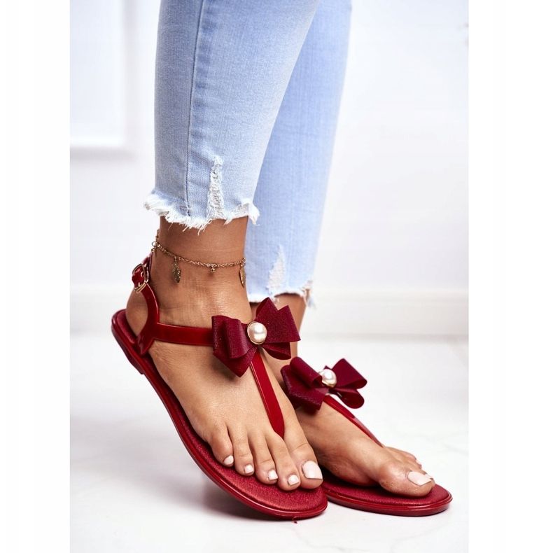 LU BOO Rote Damen Gummisandalen Flip-Flops Etta Bow 1