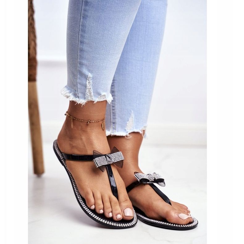 LU BOO Damen Gummi Hausschuhe Schwarz Flip-Flops Strass Lou 1