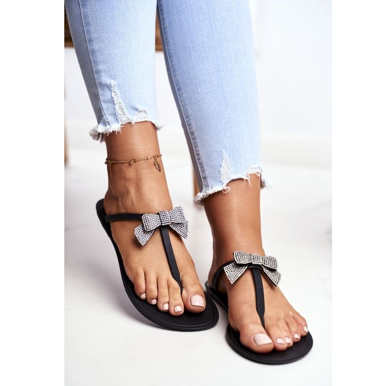 LU BOO Damen Gummi Hausschuhe Schwarz Flip-Flops Schleifen Georgia 1