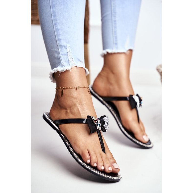 LU BOO Damen Gummi Hausschuhe Schwarz Flip-Flops Lissy Strass 1