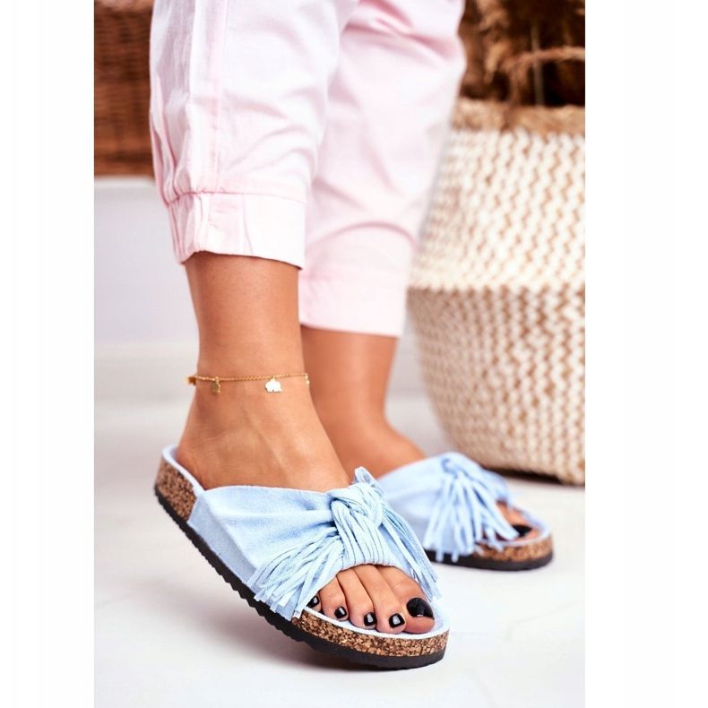 BUGO Blaue Hausschuhe für Damen mit Korkfransen Marina 2