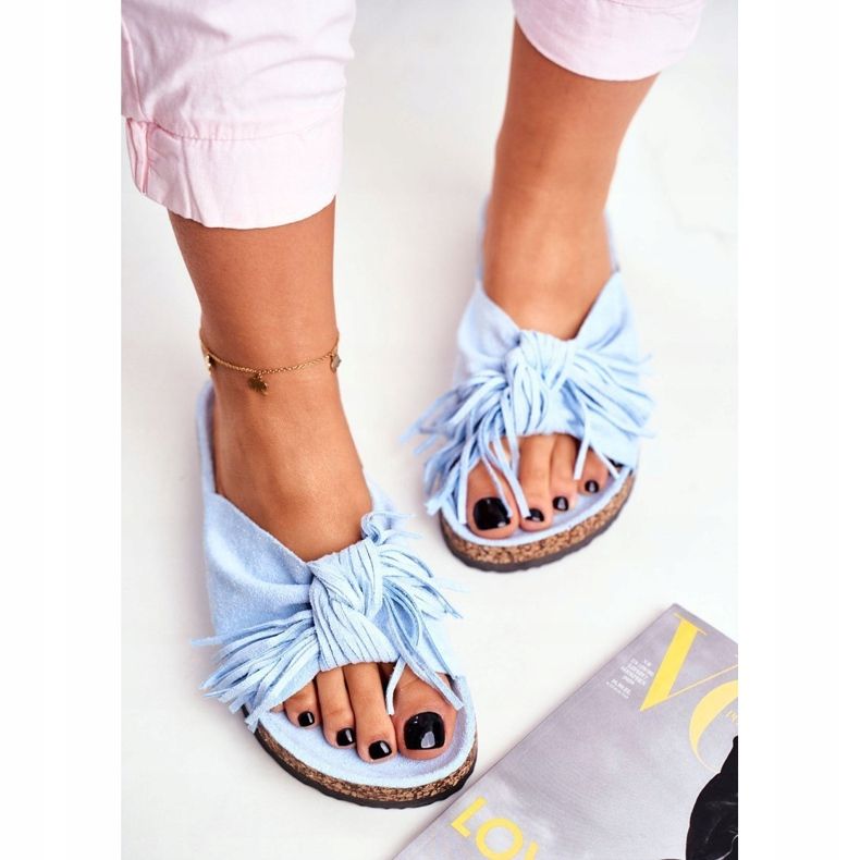 BUGO Blaue Hausschuhe für Damen mit Korkfransen Marina 1