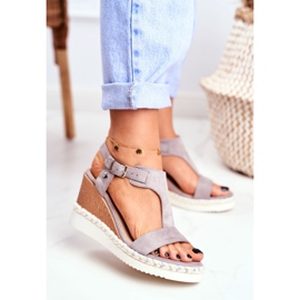 BUGO Damen Sandalen mit Keilabsatz Grau Rosa 2