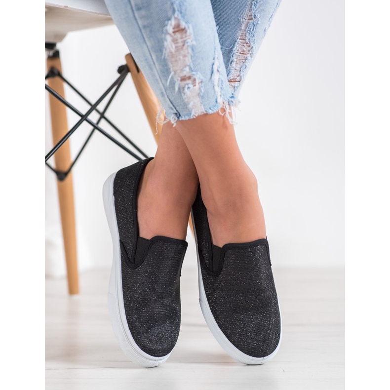 SHELOVET Schwarze Slipper mit Glitzer 1