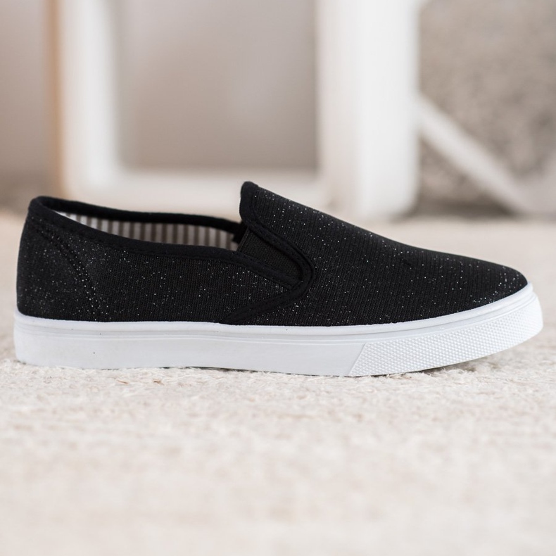 SHELOVET Schwarze Slipper mit Glitzer 2
