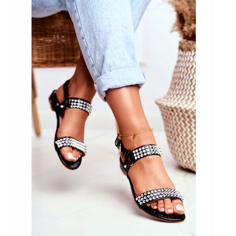 Schwarze Damen Flache Sandalen Lu Boo mit Aldona Nieten 2