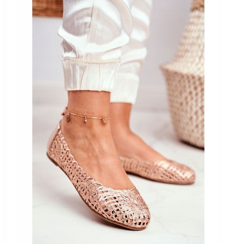 Lu Boo Damen Ballerinas Roségold durchbrochene geflochtene Tragetasche rosa 1