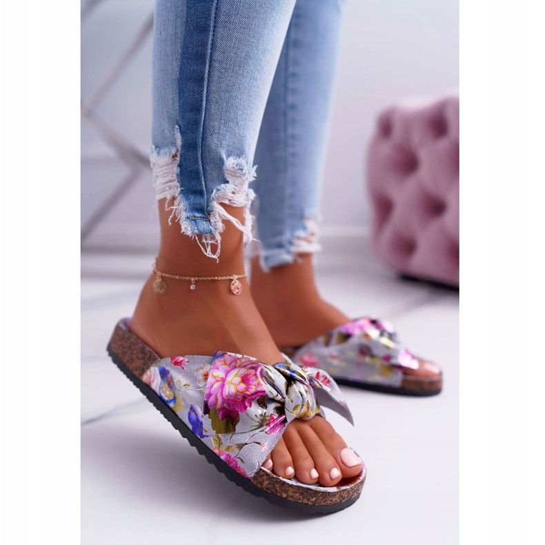 PS1 Graue Hausschuhe für Damen auf Korkblumen Wendy's Bow rosa 2