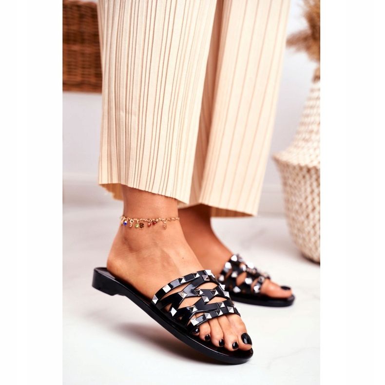 LU BOO Schwarze Hausschuhe für Damen Rubber Patty Studs 1