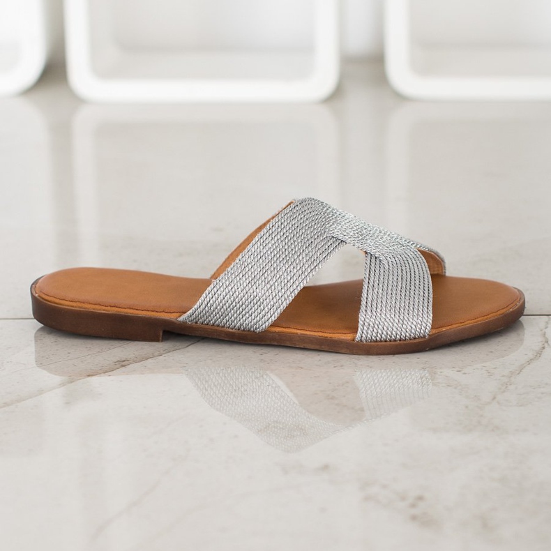 SHELOVET Stilvolle silberne Hausschuhe grau 2