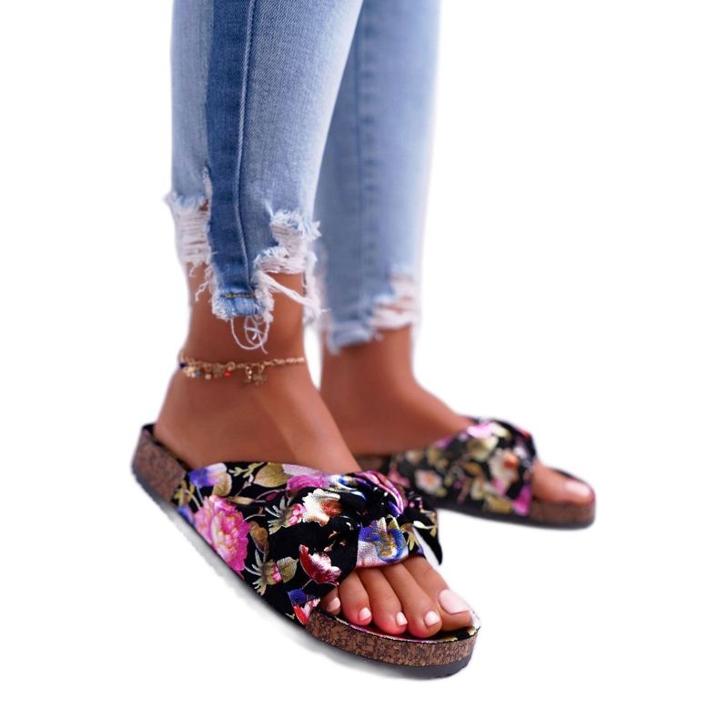 SEA Schwarze Hausschuhe für Damen auf Korkblumen Wendy's Bow violett rosa golden 1