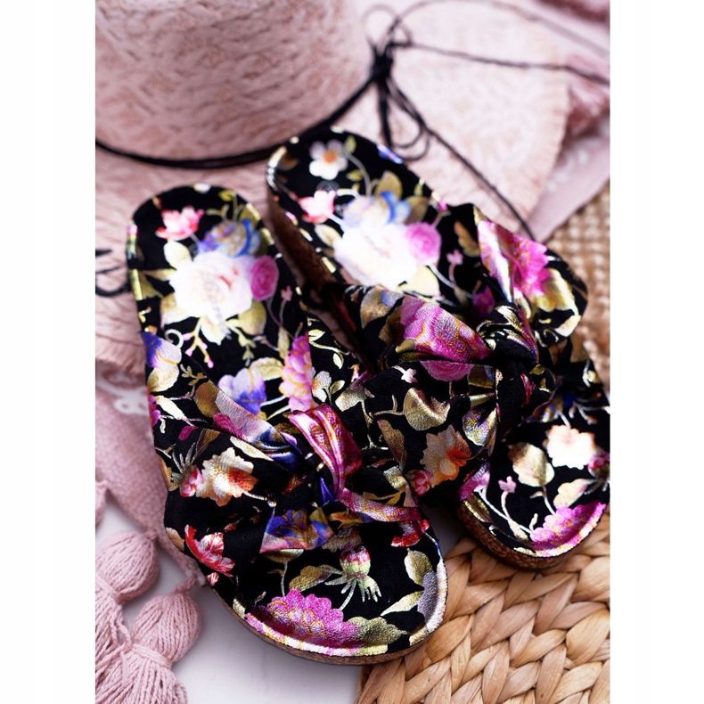 SEA Schwarze Hausschuhe für Damen auf Korkblumen Wendy's Bow violett rosa golden 3