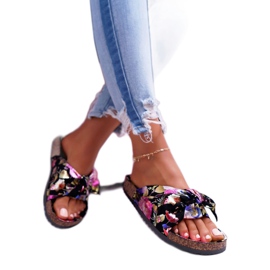 SEA Schwarze Hausschuhe für Damen auf Korkblumen Wendy's Bow violett rosa golden 2