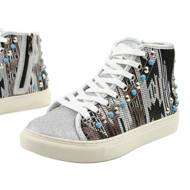 Silberne hohe Sneakers reich verziert D17-27027 grau mehrfarbig 1