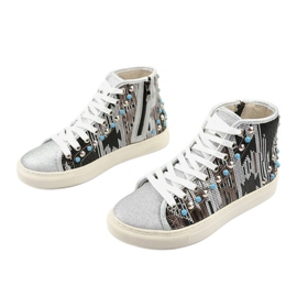 Silberne hohe Sneakers reich verziert D17-27027 grau mehrfarbig 2