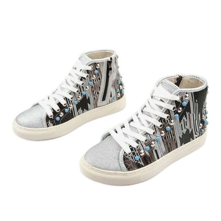 Silberne hohe Sneakers reich verziert D17-27027 grau mehrfarbig 2