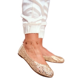 Lu Boo Damen Ballerinas Gold Durchbrochene Geflochtene Tragetasche golden 2