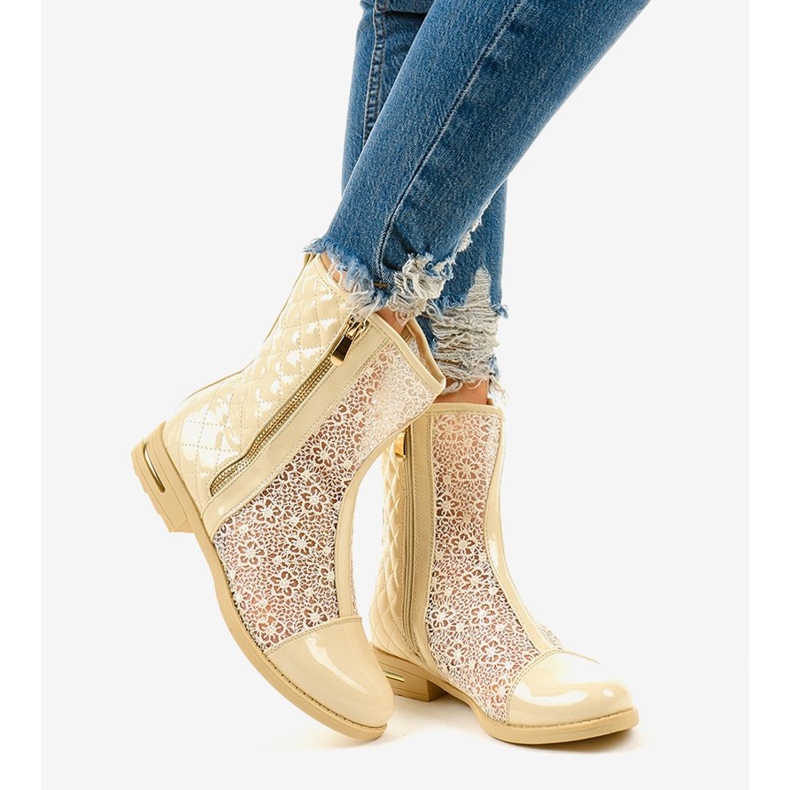 Beige durchbrochene flache Stiefel X362-2 1