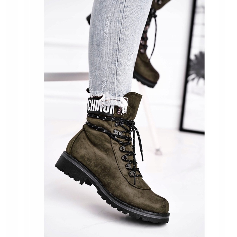 EVE Damenstiefel mit flachem Absatz und Reißverschluss Grün Popsi 1