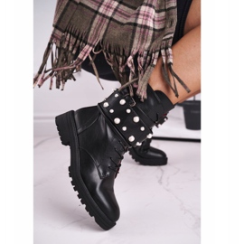 FE1 Flache hohe Damenstiefel Schwarz mit Perlen Mishigan 1