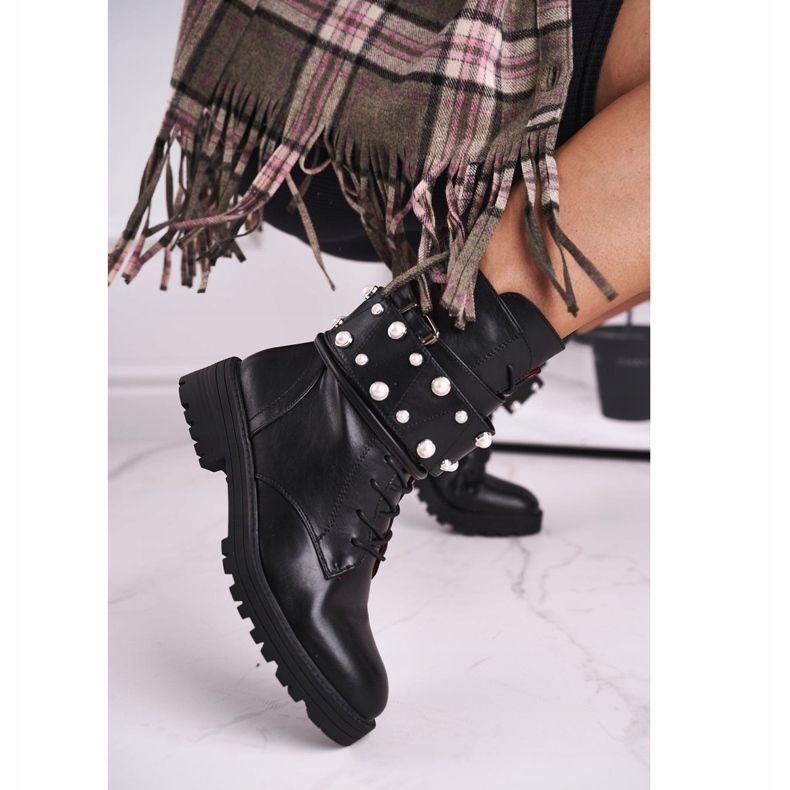 FE1 Flache hohe Damenstiefel Schwarz mit Perlen Mishigan 1