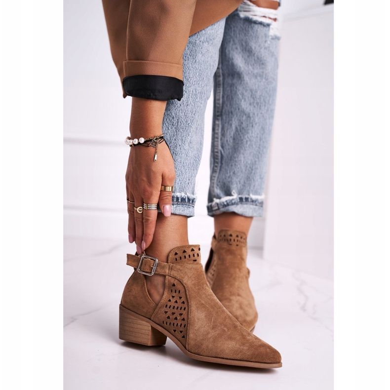 FB1 Damenstiefel mit hohem Absatz Wildleder Schnalle Camel Esen braun 1