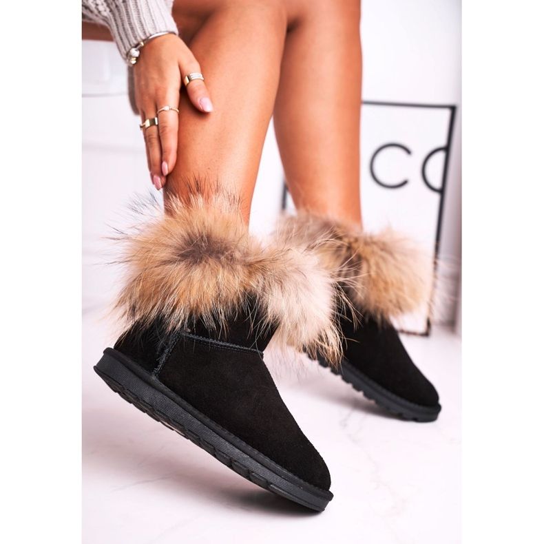 HAN Damen-Schneestiefel Mukluk aus Leder mit Fell, Schwarz 1