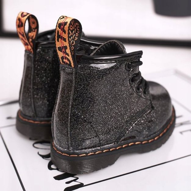FRROCK Kinderstiefel Warm mit Reißverschluss Lackiert Glitzer Schwarz Mistor 1