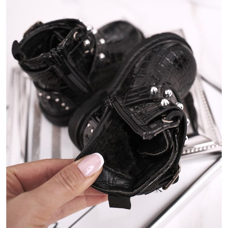 FRROCK Kinderstiefel mit Fell gewärmt, Lackiert Schwarz Mary 1