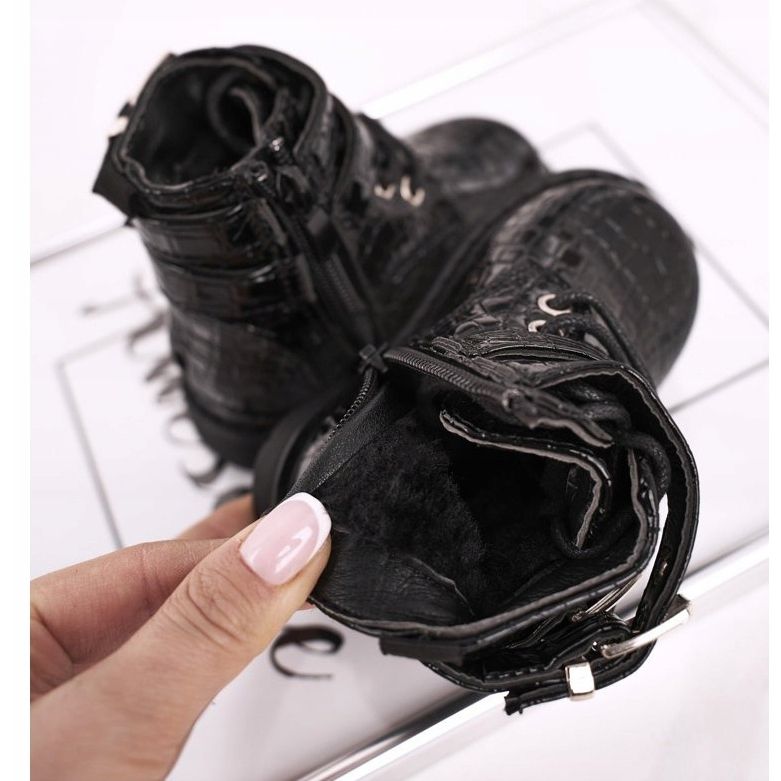 FRROCK Kinderstiefel mit Fell gewärmt, Lackiert Schwarz Valentina 1