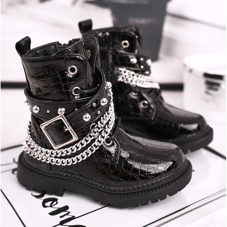 FRROCK Kinderstiefel mit Fell gewärmt, Lackiert Schwarz Dolly 1