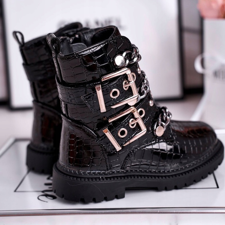 FRROCK Warme Kinderstiefel mit Schnallen Print Schwarz Fun Time 1