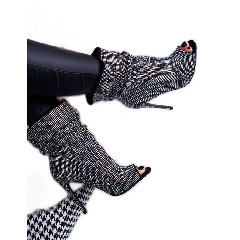 Damenstiefel auf hohem Absatz Lu Boo Strasssteine ​​Black Bandes schwarz silber- 3