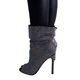 Damenstiefel auf hohem Absatz Lu Boo Strasssteine ​​Black Bandes schwarz silber- 1