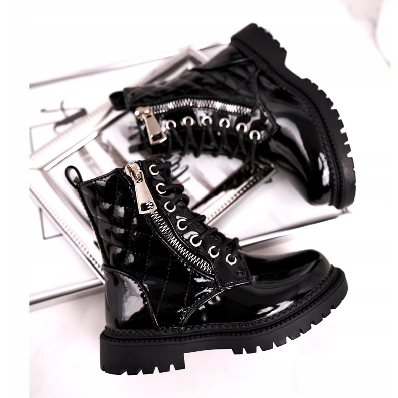 FRROCK Kinderstiefel mit Fell gewärmt, schwarz lackiert Say You 2