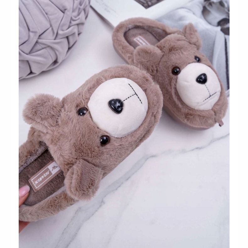 Damen Hausschuhe mit Fell Braunbär beige 1