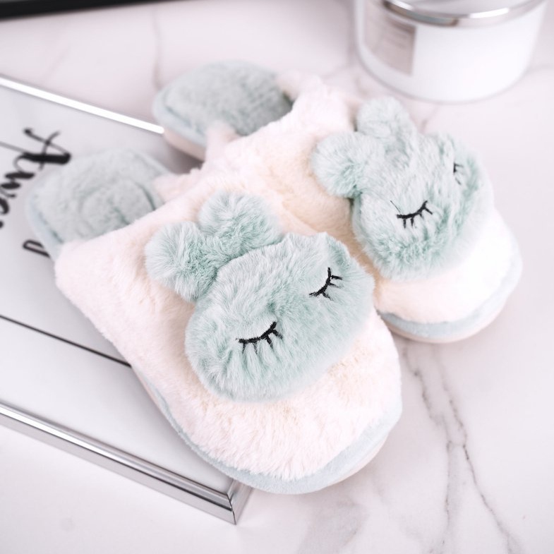 Damen Pelzhausschuhe Hellgrün Kaninchen rosa 1