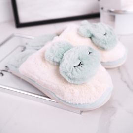 Damen Pelzhausschuhe Hellgrün Kaninchen rosa 2
