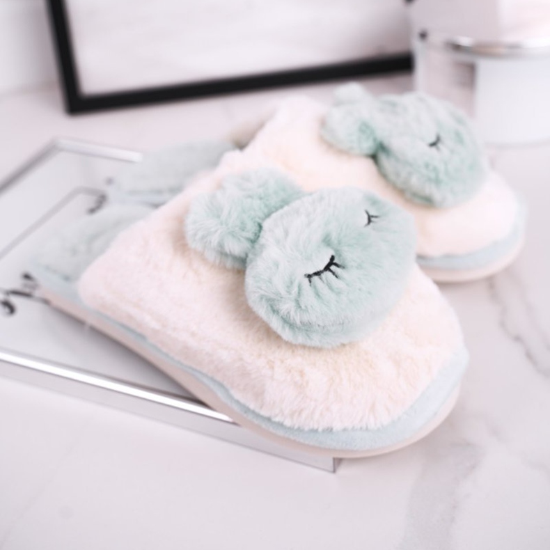 Damen Pelzhausschuhe Hellgrün Kaninchen rosa 2