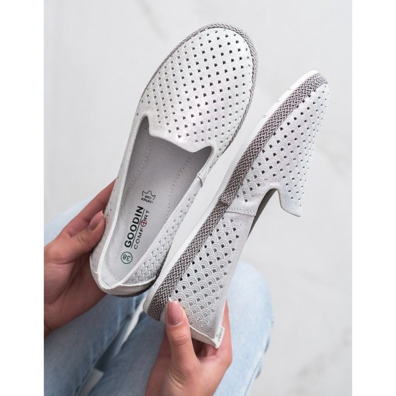 Goodin Durchbrochene Herren aus Leder weiß silber- 2