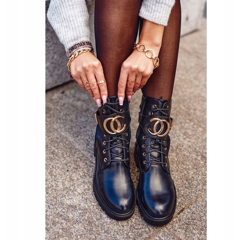 PS1 Damenstiefel Schnürstiefel Workers Schwarz Gold 1