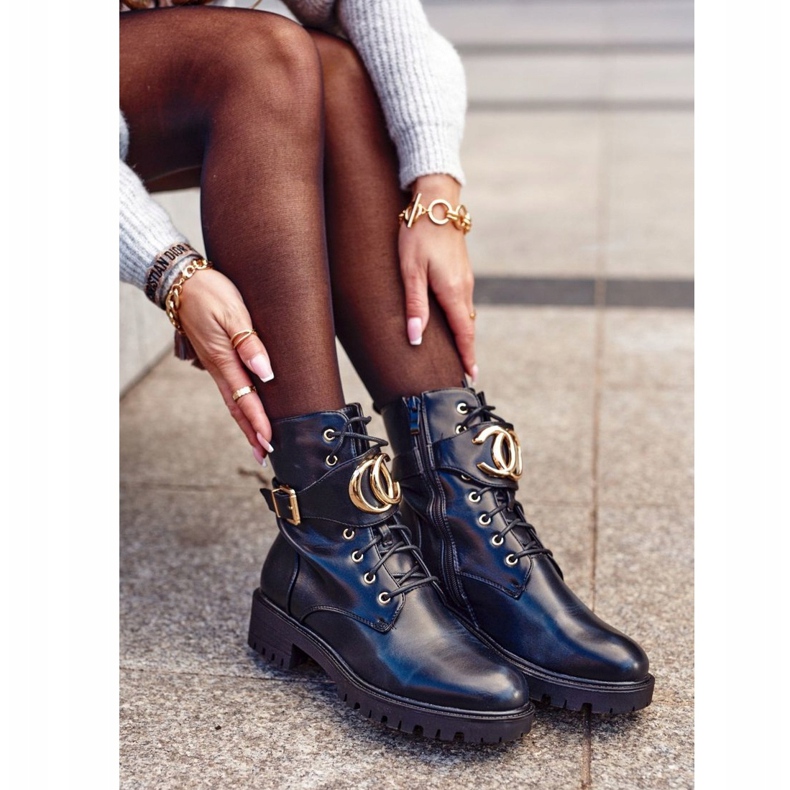 PS1 Damenstiefel Schnürstiefel Workers Schwarz Gold 2